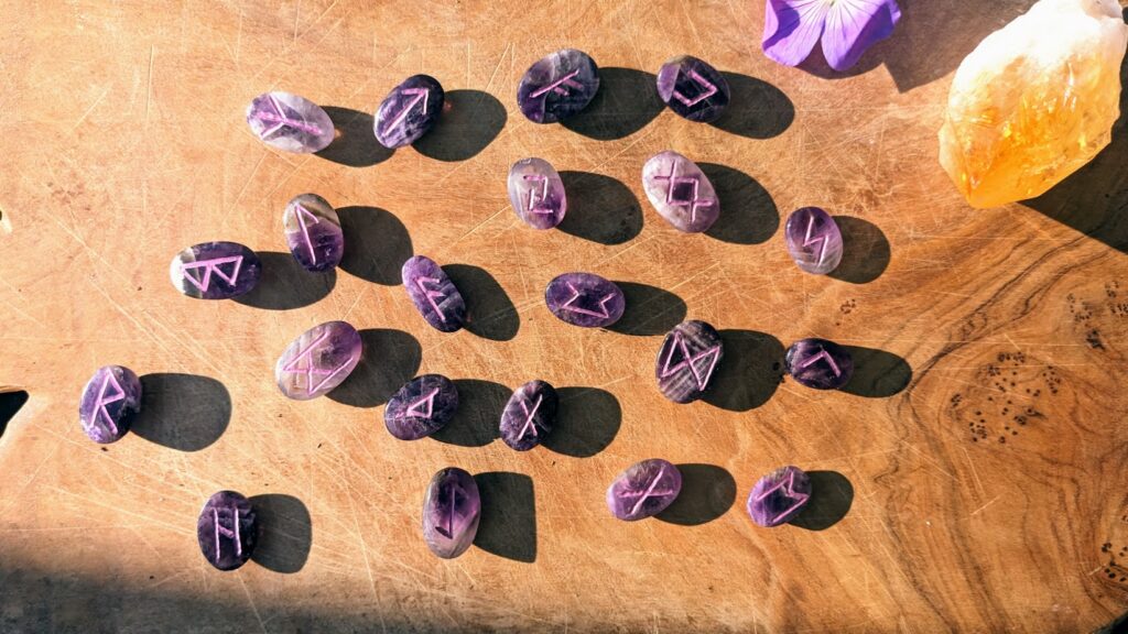 Hand carved Elder Futhark Rune set on 290 Ct of African Amethyst - closer up
