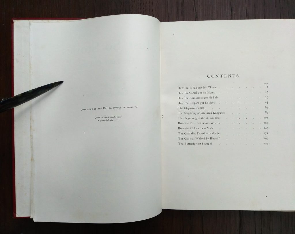 Table of Contents in a 1902 copy of Just So Stories, October Reprint