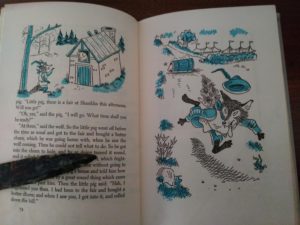 illustration of the wolf running away from the barrel rolling down the hill on Page 75, volume 10, of the story, The Three Little Pigs in the book series, The Best in Childrens Books, circa 1950s