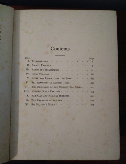 Table of Contents in an Antique book from 1913, Wonders of Transport, by Cyril Hall