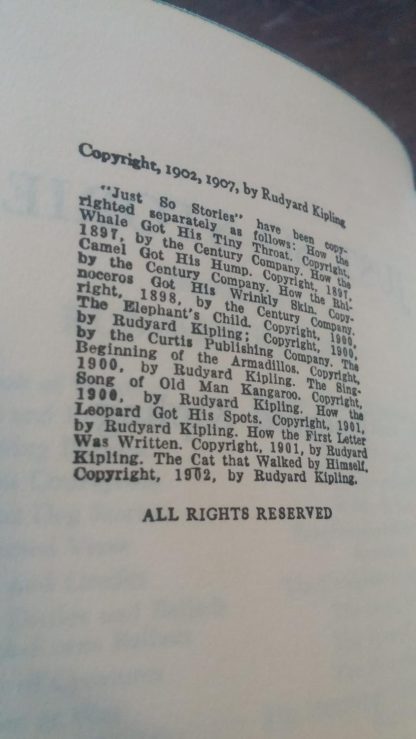 copyright details inside a 1907 Just So Stories by Rudyard Kipling, Doubleday and company publishing