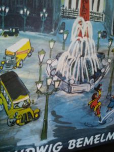 Close up of writing on front cover of a 1958 copy Madeline and the Bad Hat, First European Release