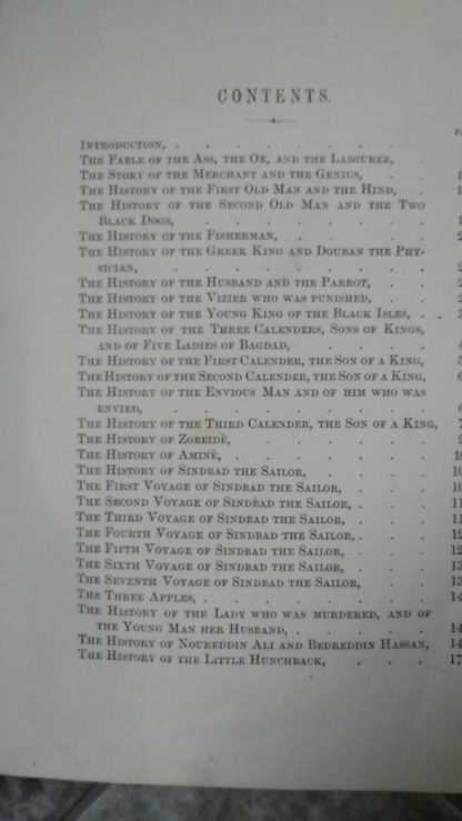 Page one of two of the Table of Contents in a 1870s copy of Arabian Nights in the Lorne Series