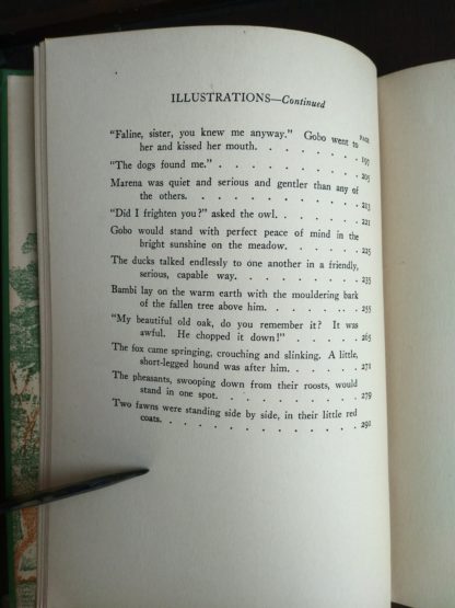 2 of 2 pages of a List of Illustration in a 1928 copy of Bambi A life in the Woods