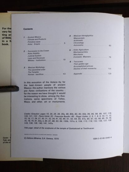 Copyright and Contents page inside a 1970 copy of The World of the Aztecs by William H. Prescott