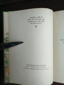 Copyright page in a 1928 First American Printing of Bambi A Life in the Woods