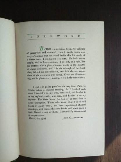 Forward by John Galsworthy in a 1928 copy of Bambi A Life in the Woods