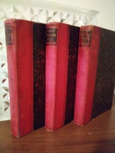 Spine view of 3 W.H. Thackeray Works in The Pocket edition, 1886-1887