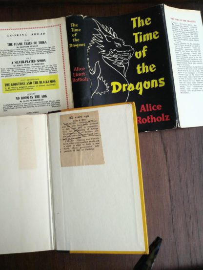1960 copy of The Time of the Dragons, by Alice Ekert-Rotholz with some interesting ephemera inside back paste down
