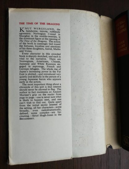 book description on dust jacket on a 1960 book club copy of The Time of the Dragons, by Alice Ekert-Rotholz