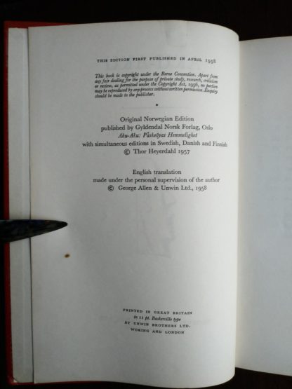 copyright page in a 1958 First Edition of Aku-Aku, The Secret Of Easter Island