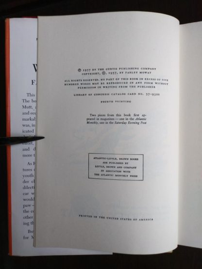 copyright page in a copy of The Dog Who Wouldnt Be, 1957, 4th edition, by Farley Mowat