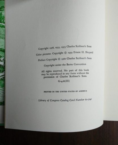 copyright page on a 1960 Golden Anniversary Edition of The Wind in the Willows by Kenneth Grahame