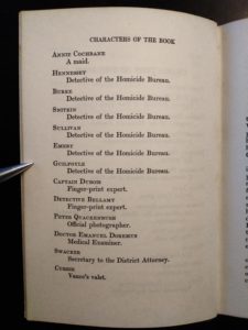 page 2 of 2 of a List of Characters in a 1933 copy of The Kennel Murder Case by S. S. Van Dine