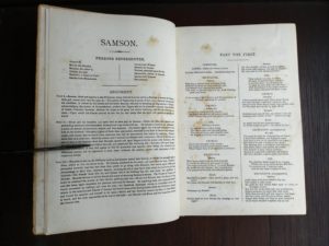 parts explained in a copy of Samson, an Oratorio in Vocal Score, composed in 1742, by Handel