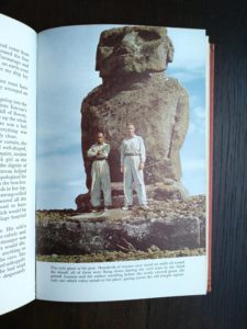 photograph of a giant statue in a 1958 First Edition of Aku-Aku, The Secret Of Easter Island