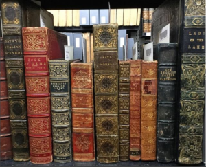 shelf of old books at Queens rare book library