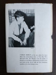 the back side of a copy of The Dog Who Wouldnt Be, 1957, 4th edition, by Farley Mowat