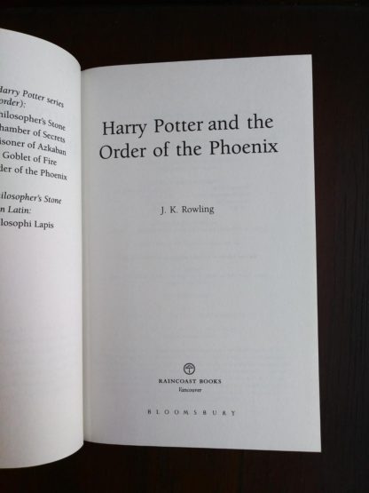 title page in a 2003 copy of Harry Potter and the Order of the Phoenix, stated First Canadian Edition
