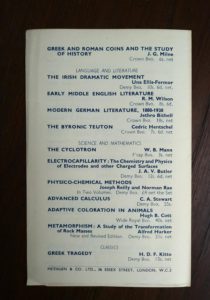 back side of an Autumn 1939 Catalogue for Methuen Books