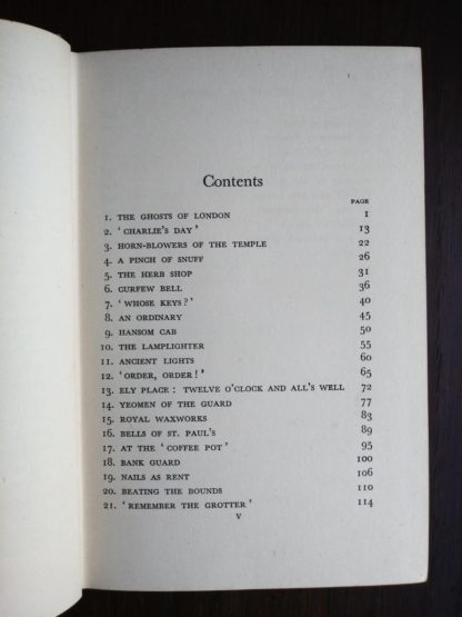 contents page 1 of 2 in a 1939 first edition copy of Ghosts of London by H.V. Morton