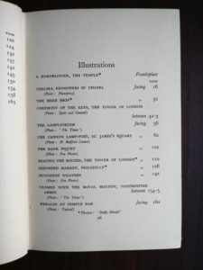 list of illustrations in a 1939 first edition copy of Ghosts of London by H.V. Morton