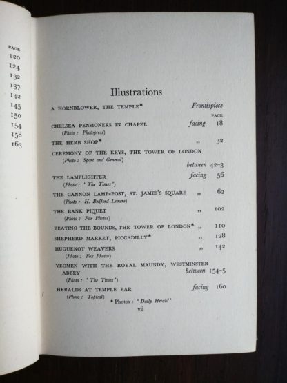 list of illustrations in a 1939 first edition copy of Ghosts of London by H.V. Morton
