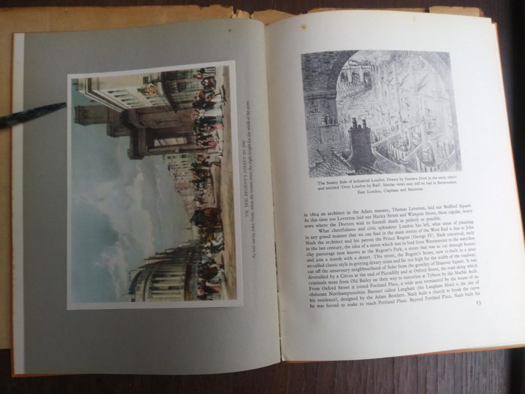 The Regents Street in 1842 and The Steamy Side of Industrial London pg 12 and 13 in a 1942 first edition copy of Vintage of London by John Betjeman