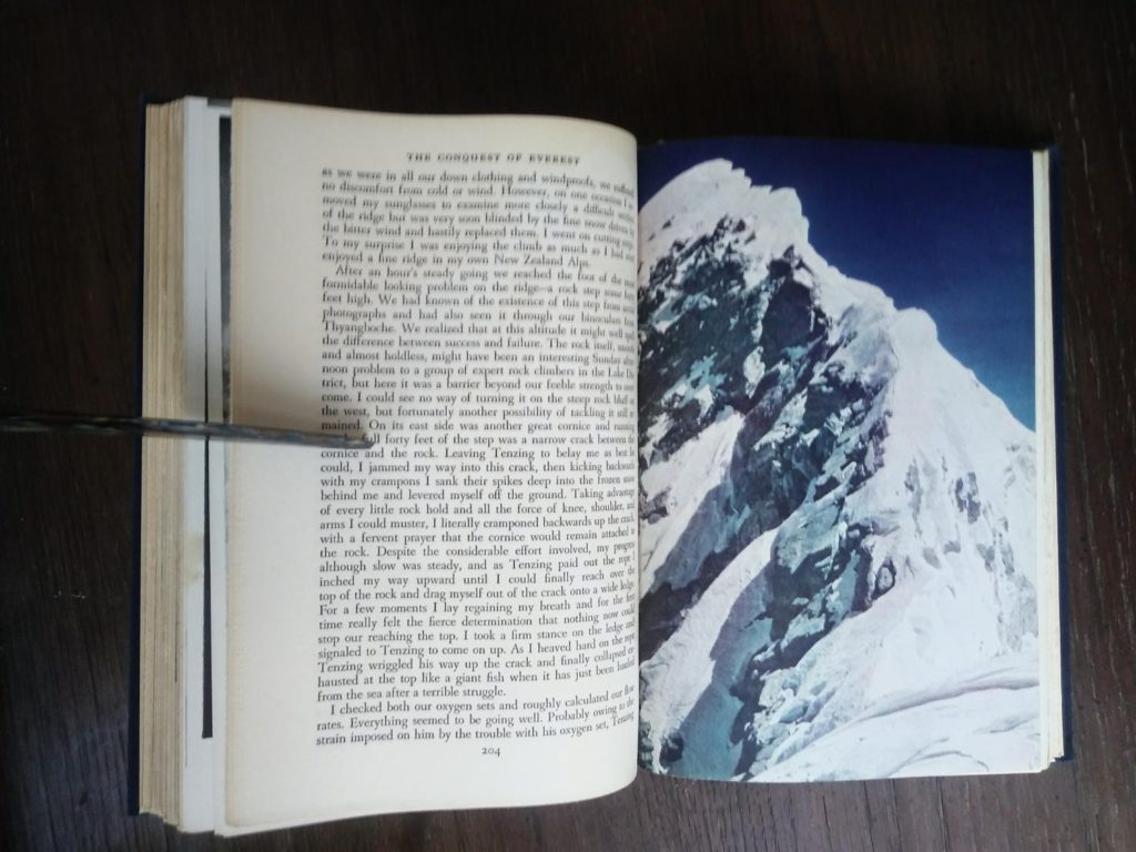 1954 First edition copy of The Conquest of Everest by Sir John Hunt color photograph page 204