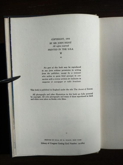 1954 First edition copy of The Conquest of Everest by Sir John Hunt copyright page