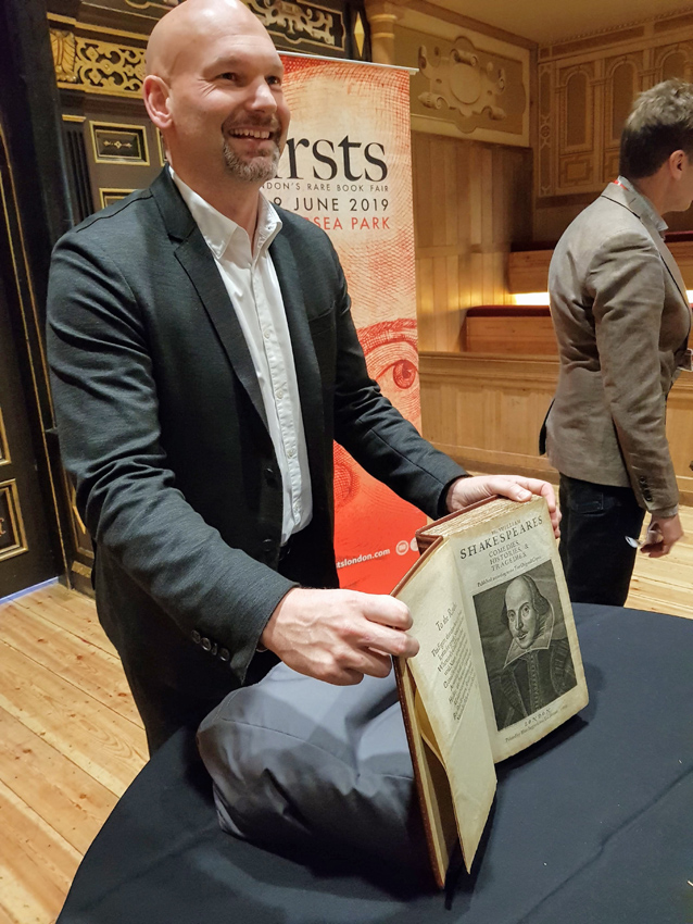Pom Harrington of Peter Harrington presents John Wolfson’s copy of Shakespeare’s First Folio