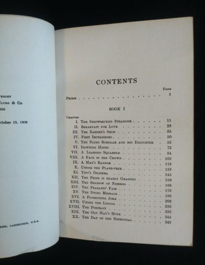 Contents page 1 of 2 in a 1908 Leather bound RAMOLA by George Eliot published by McClurg & Co
