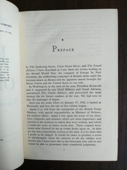 THE SECOND WORLD WAR by Winston Churchill 6 Volume first edition set 1948-1953 Preface page 1 of 2 in the fourth volume THE HINGE OF FATE