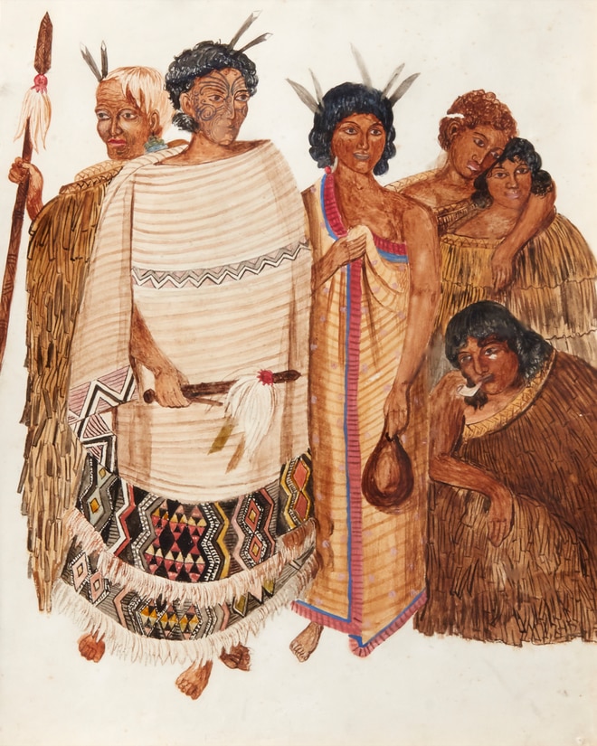 Warrior Chieftains of New Zealand a watercolour by Joseph Merrett Jenner featuring chiefs Kawiti