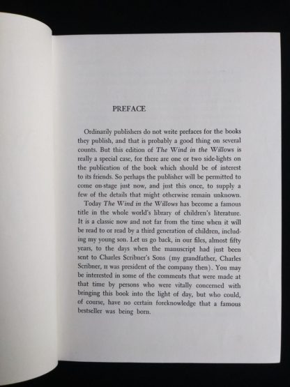 first page of the preface in a 1954 copy of The Wind in the Willows illustrated by Ernest Shepard
