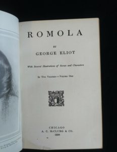 title page up close in a 1908 Leather bound RAMOLA by George Eliot published by McClurg & Co