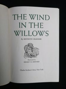 title page up close in a 1954 copy of The Wind in the Willows illustrated by Ernest Shepard