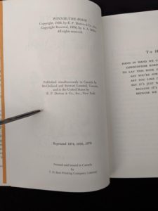 copyright page inside a 1979 copy of Winnie-the-Pooh published in Canada by McClelland & Stewart Ltd