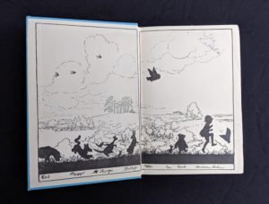 front pastedown and endpaper in a 1950 copy of The House at Pooh Corner by A.A. Milne. First Reissue Edition