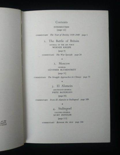 page 1 of 2 of the Contents page in a 1956 first edition copy of Six decisive battles of the Second World War from the viewpoint of the vanquished