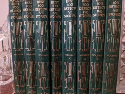 Spine View up close on a 1929 set of The Worlds Best 100 Detective Stories - In Ten Volumes - Full Set published by Funk & Wagnalls Company