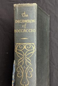 Spine view up close of The Decameron of Boccaccio by Giovanni Boccaccio. Published by The Bibliophilist Society circa 1930s