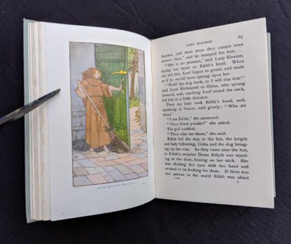 illustration of Edith sweeping the cells in a 1904 copy of A Saxon Maid by Eliza F. Pollard. Published by Blackie & Son Ltd. London