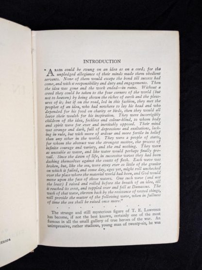 introduction page inside a 1927 copy of Revolt in the Desert by T. E. Lawrence