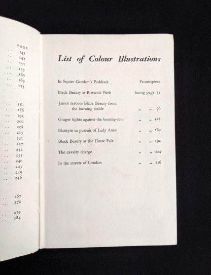 list of colour illustrations in a 1949 copy of Black Beauty by Anna Sewell - The Heirloom Library - first printing