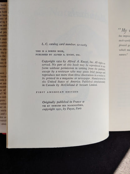 stated First American Edition in a 1954 copy of The Natural History of Mammals by François Bourlière