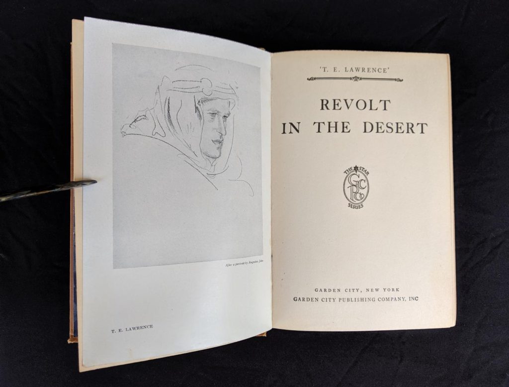 title page in a 1927 copy of Revolt in the Desert by T. E. Lawrence