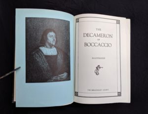 title page in a copy of The Decameron of Boccaccio by Giovanni Boccaccio. Published by The Bibliophilist Society circa 1930s