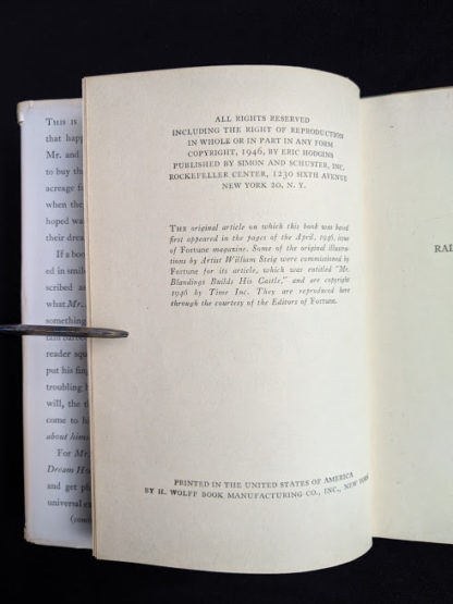 copyright page in a 1946 first edition copy of Mr. Blandings Builds His Dream House by Eric Hodgins