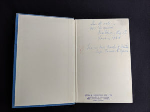 inscription from a previous owner on front endpaper inside a First Edition copy of The White Witch 1958 by Elizabeth Goudge published in London by Hodder & Stoughton